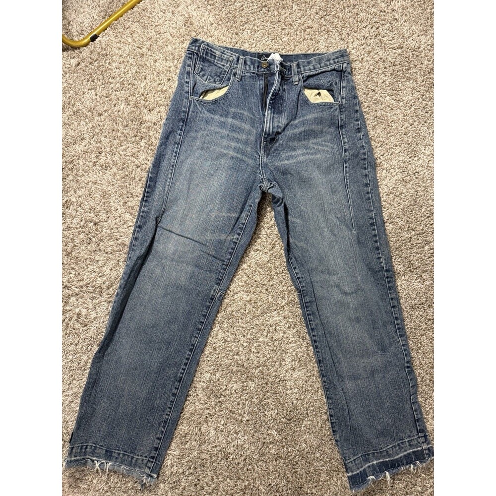Sean John Blue Denim Jeans Mens 34 Straight Leg Raw Hem Distressed Cotton